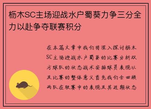 枥木SC主场迎战水户蜀葵力争三分全力以赴争夺联赛积分